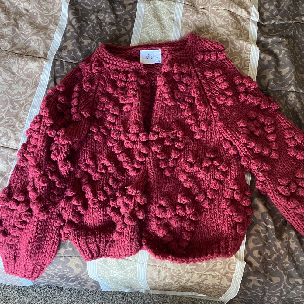 Chicwish Red Chunky Knit Pom-Pom Cardigan